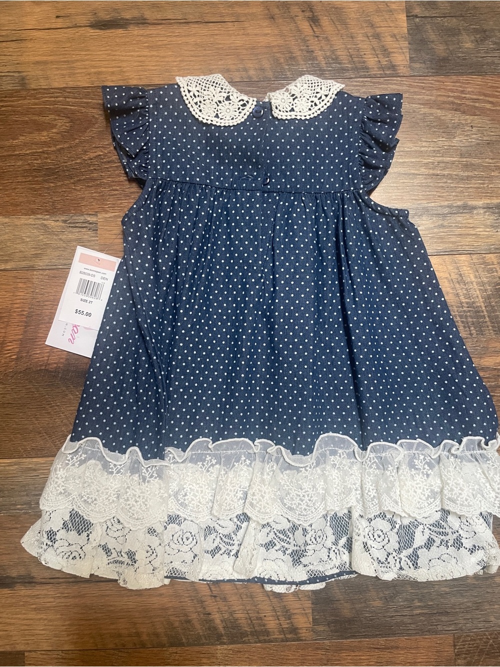 NWT Girls Navy Polka Dot Dress with Lace Collar - Bonnie Jean